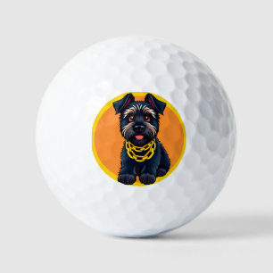 Adorable Cartoon Black Dog Wearing a Gold Chain Golf Balls