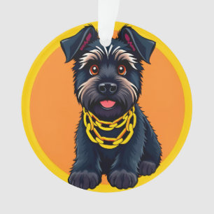 Adorable Cartoon Black Dog Wearing a Gold Chain Ornament