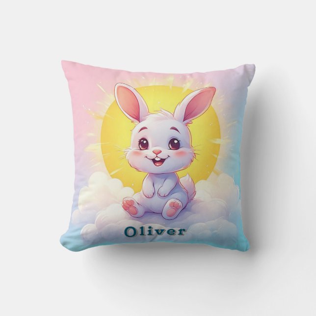 Adorable Cartoon Bunny Sitting on a Cloud Cushion (Front)