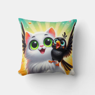 Adorable Cartoon Cat and Bird Cushion