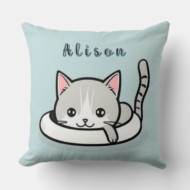 Adorable Cartoon Cat Resting Playfully Cushion (Front)
