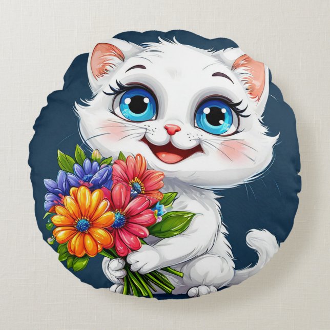 Adorable cartoon cat round cushion (Front)