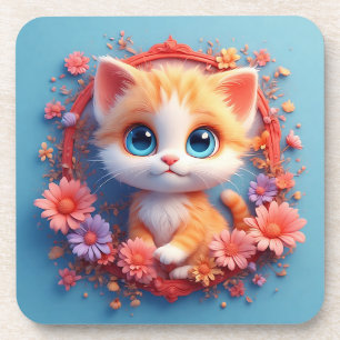 Adorable Cartoon Cat Surrounded by Colourful Flowe Coaster