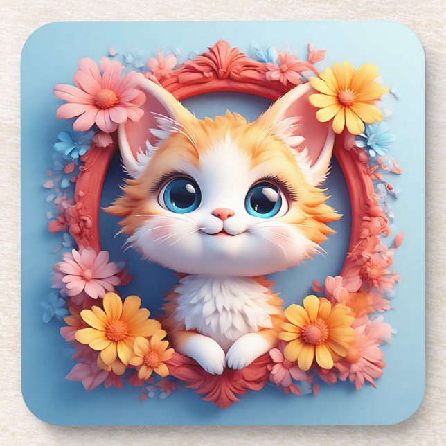 Adorable Cartoon Cat Surrounded by Colourful Flowe Coaster (Front)