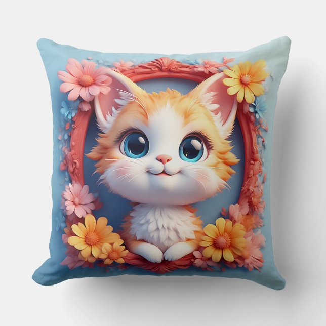 Adorable Cartoon Cat Surrounded by Colourful Flowe Cushion (Front)