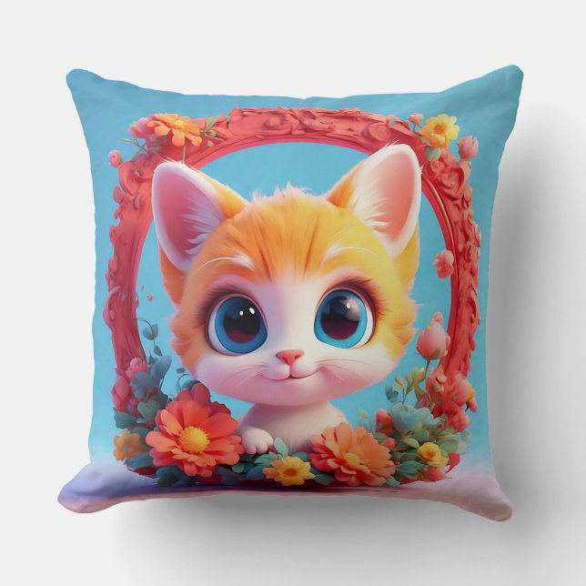Adorable Cartoon Cat Surrounded by Colourful Flowe Cushion (Front)
