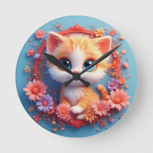 Adorable Cartoon Cat Surrounded by Colourful Flowe Round Clock