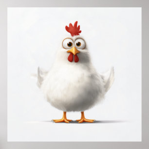 Adorable Cartoon Chicken with Fluffy White Feather Poster