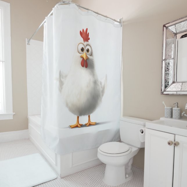 Adorable Cartoon Chicken with Fluffy White Feather Shower Curtain (In Situ)
