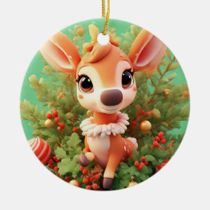 Adorable Cartoon Deer in a Festive Christmas Ceramic Tree Decoration