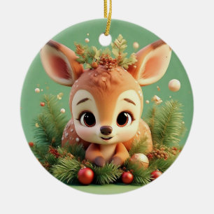 Adorable Cartoon Deer in a Festive Christmas Ceramic Tree Decoration
