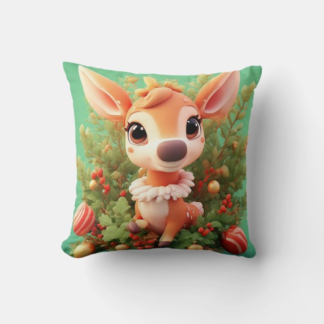 Adorable Cartoon Deer in a Festive Christmas Cushion (Front)