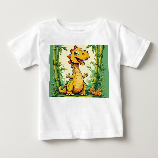 Adorable Cartoon Dinosaur in Lush Green Jungle Baby T-Shirt (Front)