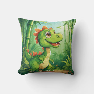 Adorable Cartoon Dinosaur in Lush Green Jungle Cushion