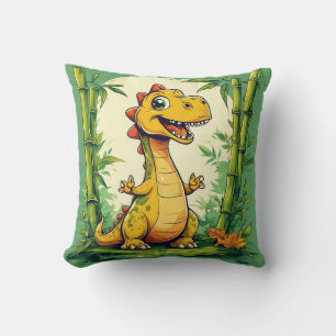 Adorable Cartoon Dinosaur in Lush Green Jungle Cushion