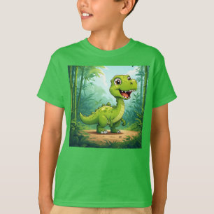 Adorable Cartoon Dinosaur in Lush Green Jungle T-Shirt