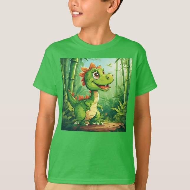 Adorable Cartoon Dinosaur in Lush Green Jungle T-Shirt (Front)