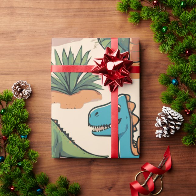Adorable Cartoon Dinosaurs on Beige Gift  Wrapping Paper (Holiday Gift)