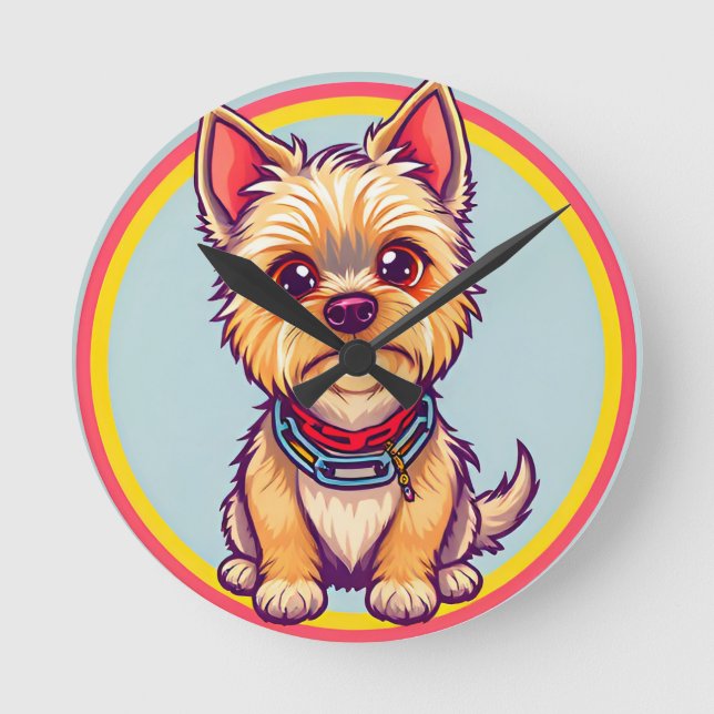 Adorable Cartoon Dog Illustration Round Clock (Front)