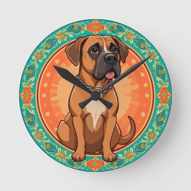 Adorable Cartoon Dog Illustration Round Clock (Front)