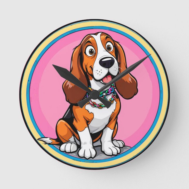 Adorable Cartoon Dog Illustration Round Clock (Front)