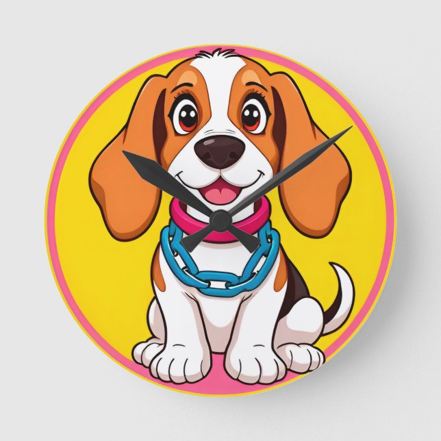 Adorable Cartoon Dog Smiling Cheerfully Round Clock (Front)