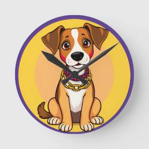 Adorable Cartoon Dog Wearing a Gold Chain Round Clock