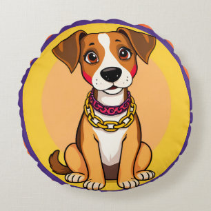 Adorable Cartoon Dog Wearing a Gold Chain Round Cushion