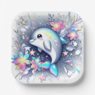 Adorable Cartoon Dolphin Baby Shower Paper Plate