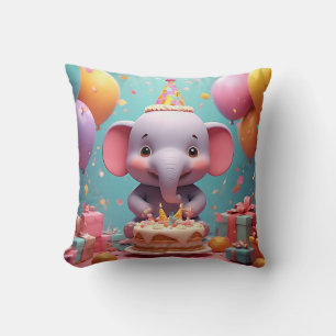 Adorable Cartoon Elephant Celebrating Birthday Cushion