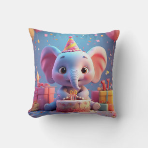 Adorable Cartoon Elephant Celebrating Birthday Cushion