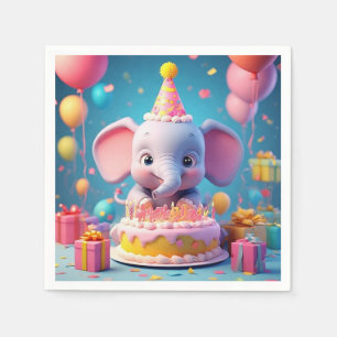 Adorable Cartoon Elephant Celebrating Birthday Napkin