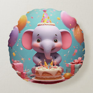 Adorable Cartoon Elephant Celebrating Birthday Round Cushion