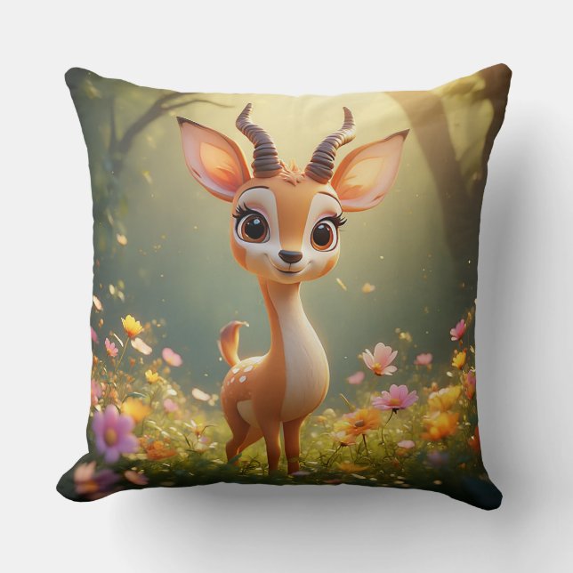 Adorable Cartoon Fawn by Vibrant Flowers Cushion (Front)