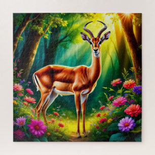 Adorable Cartoon Fawn by Vibrant Flowers Jigsaw Puzzle