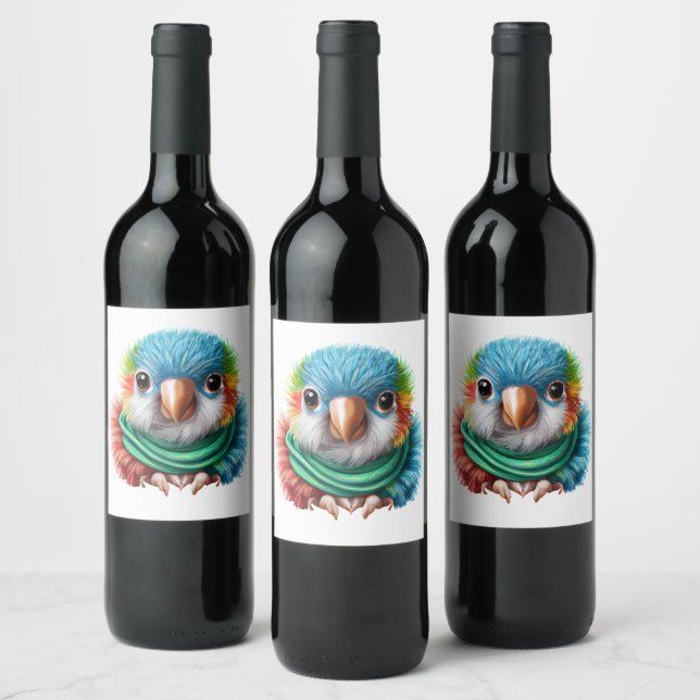 Adorable Cartoon Fluffy Happy Baby Parrot   Wine Label (Bottles)