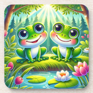 Adorable Cartoon Frogs Sitting on a Lily Pond Coaster