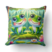 Adorable Cartoon Frogs Sitting on a Lily Pond