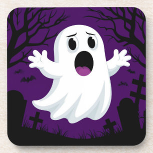 Adorable Cartoon Ghost in Spooky Halloween Coaster