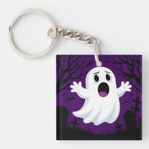 Adorable Cartoon Ghost in Spooky Halloween Key Ring