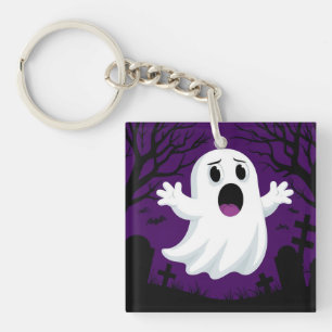 Adorable Cartoon Ghost in Spooky Halloween Key Ring