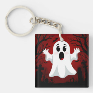 Adorable Cartoon Ghost in Spooky Halloween Key Ring