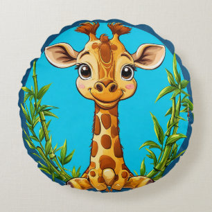 Adorable Cartoon Giraffe With Bamboo Round Cushion
