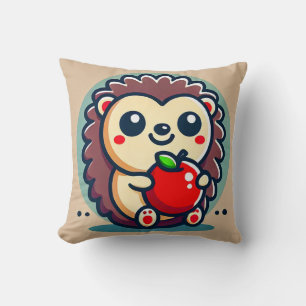 Adorable Cartoon Hedgehog Holding a Red Apple Cushion