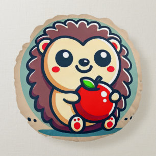 Adorable Cartoon Hedgehog Holding a Red Apple Round Cushion