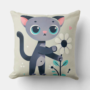 Adorable Cartoon Kitten Holding a Flower, Cushion