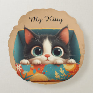 Adorable Cartoon Kitten With Big Eyes Round Cushion