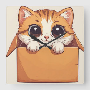 Adorable Cartoon Kitten With Big Eyes Square Wall Clock
