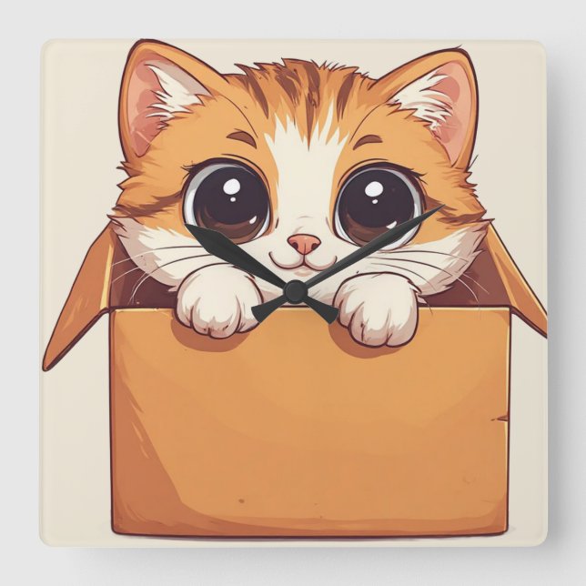 Adorable Cartoon Kitten With Big Eyes Square Wall Clock (Front)
