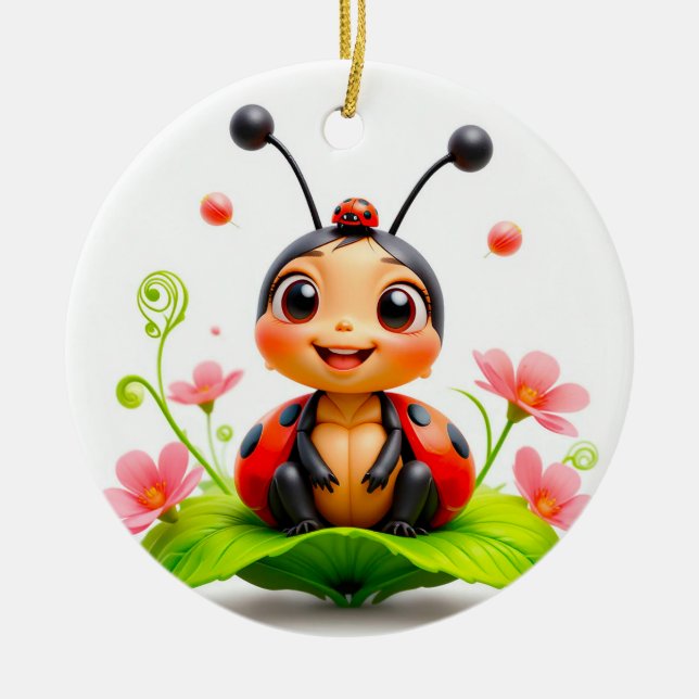 Adorable Cartoon Ladybug Ceramic Tree Decoration (Front)